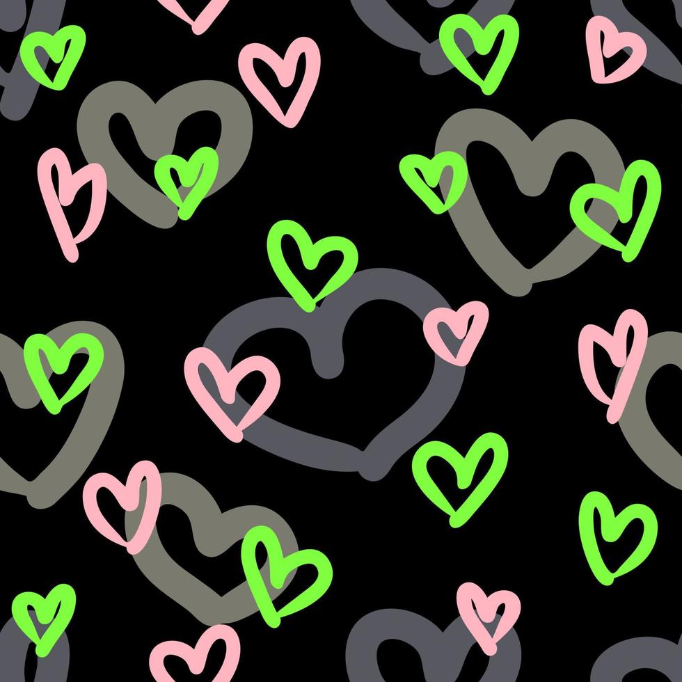 Hand drawn dark seamless pattern with hearts. vector