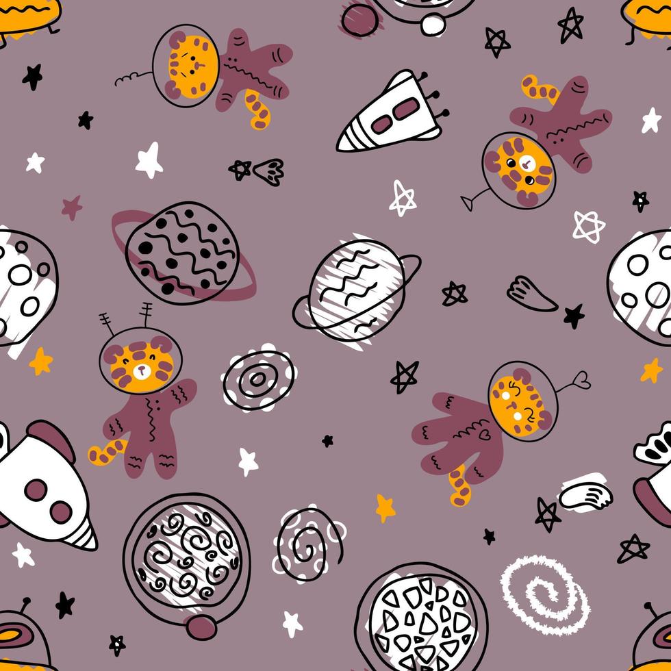 Hand drawn seamless pattern with astronauts tigers in space. vector