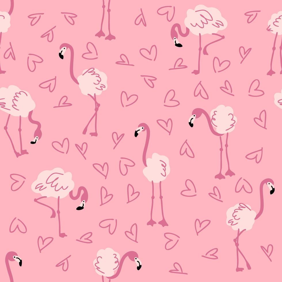 Romantic valentine seamless pattern with flamingo and hearts. vector