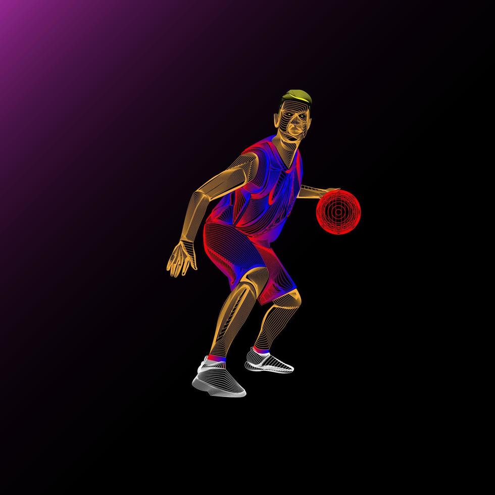 Basketball player figure line art. Human action on motion lines. vector