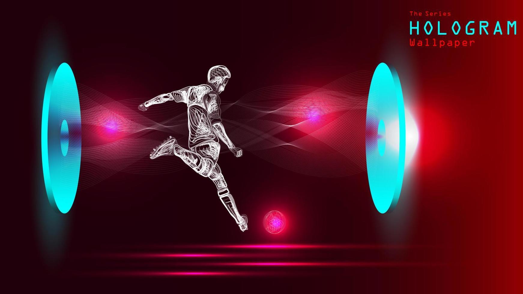 la serie de papel tapiz de holograma. figura de acción de un jugador de fútbol en proyección de luz. vector