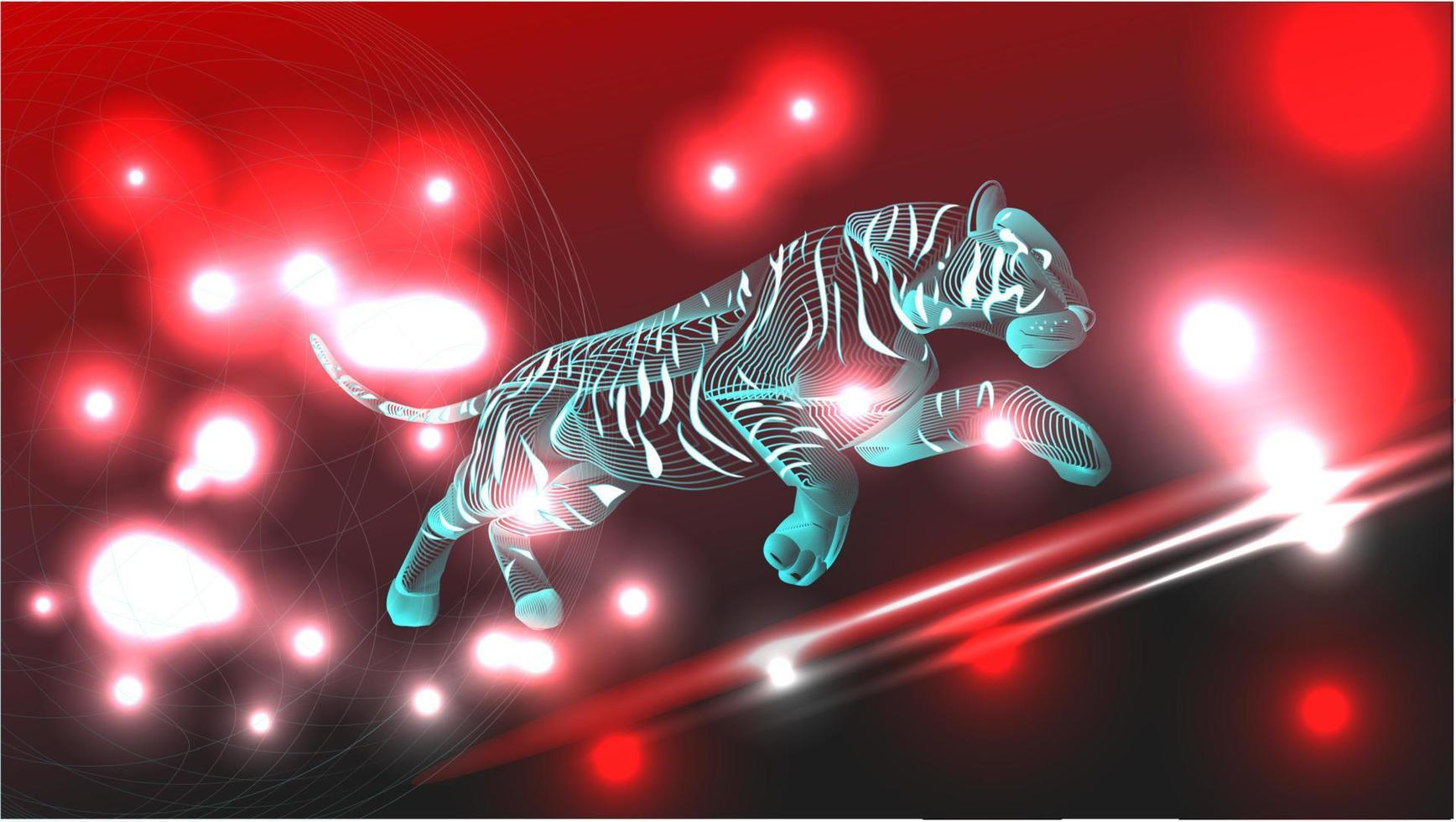 Red tiger line art wallpaper. Dodge color neon effects background. vector