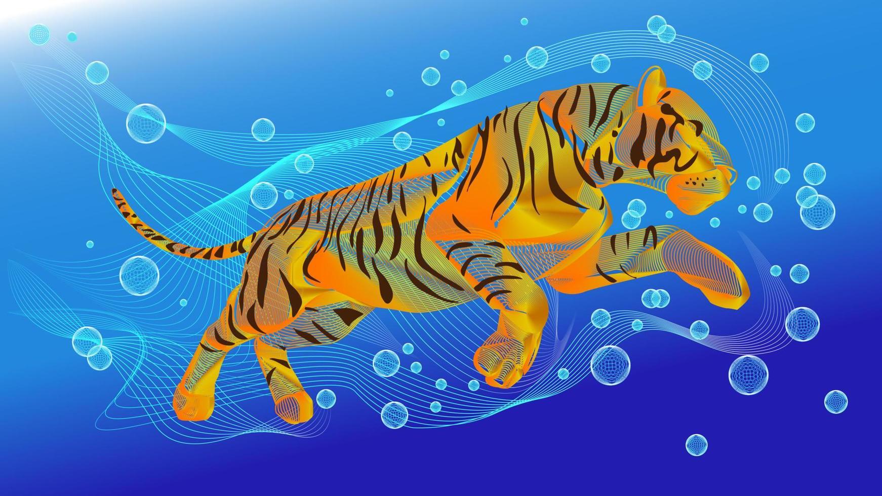 Water tiger line art wallpaper. Blending lines styles on blue backgrounds. vector