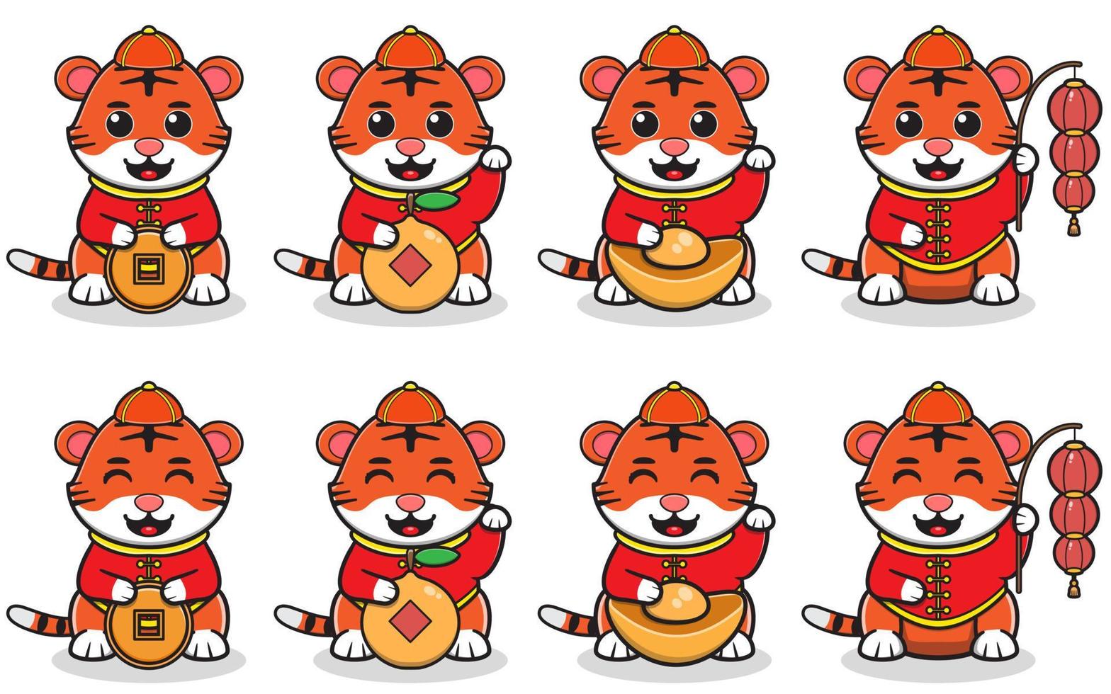 Vector Illustration of Cute Smiling tiger cartoon in red costume with wealth gold.