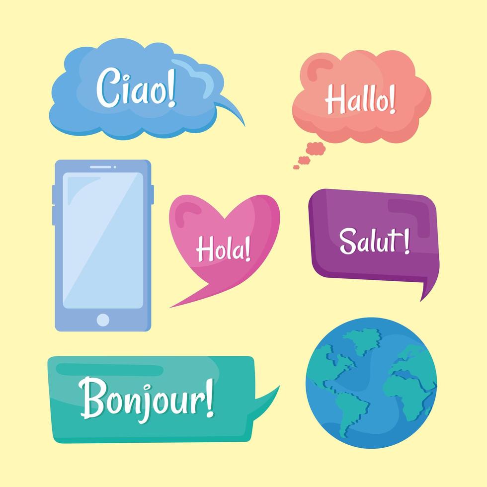 seven global hello icons vector