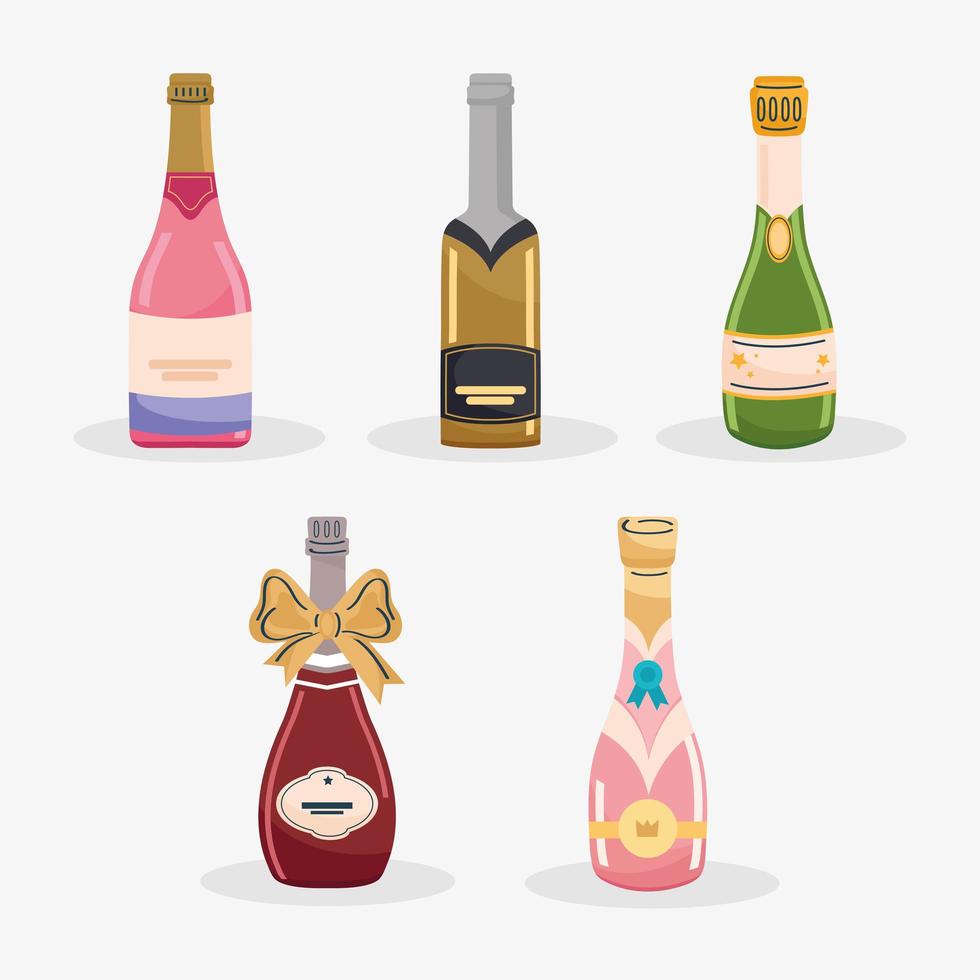 cinco botellas de champán elegantes vector