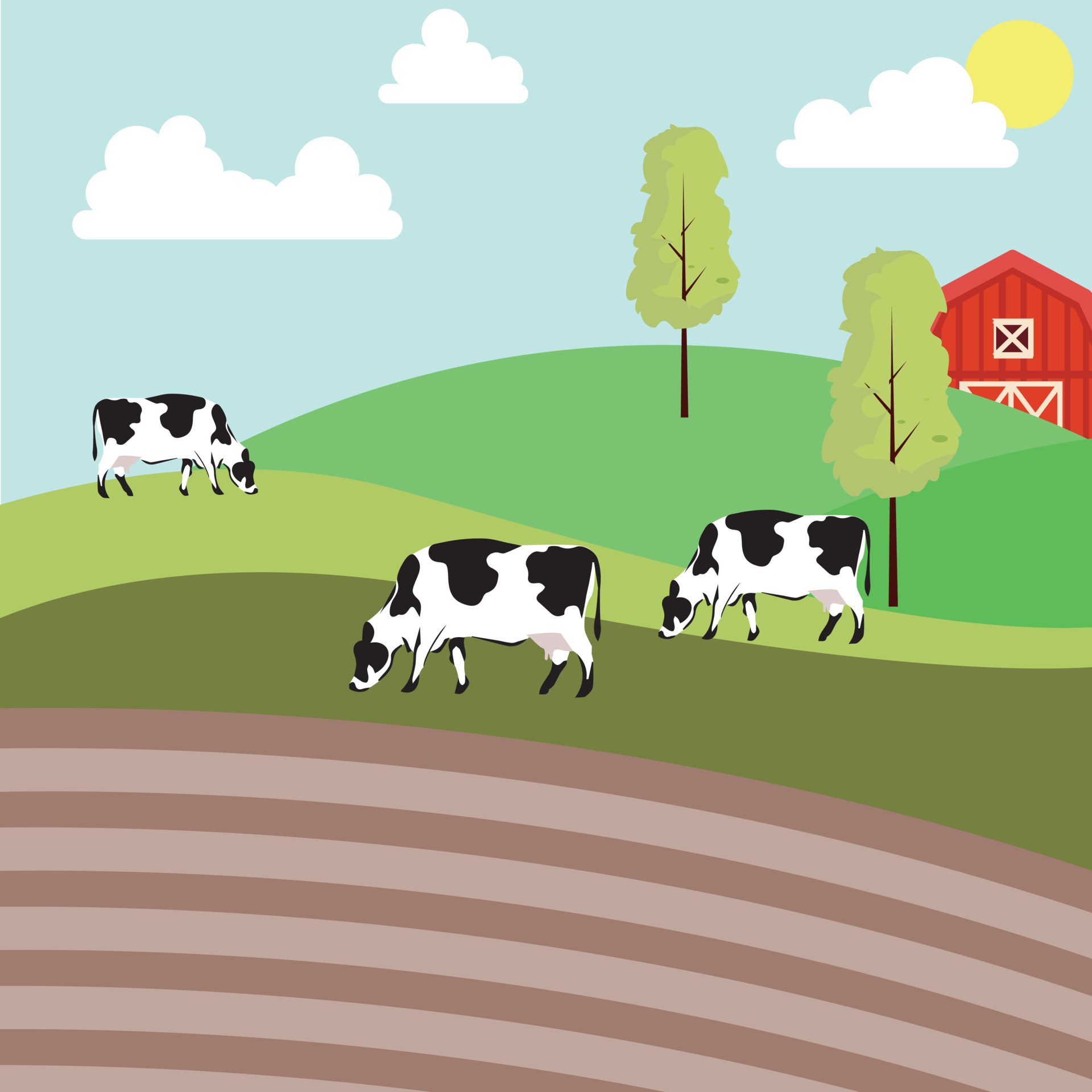 Milk cows grazing in pasture, eating grass. Farm domestic animals, heifers  in grassland. Free-range cattle on farmland. Country field. Rural  landscape. Flat vector illustration of countryside ranch 5332697 Vector Art  at Vecteezy