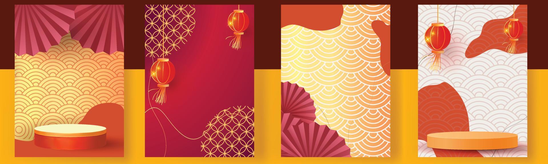 chinese new year set backgrounds  gold red vector podium design graphic pattern modern template card