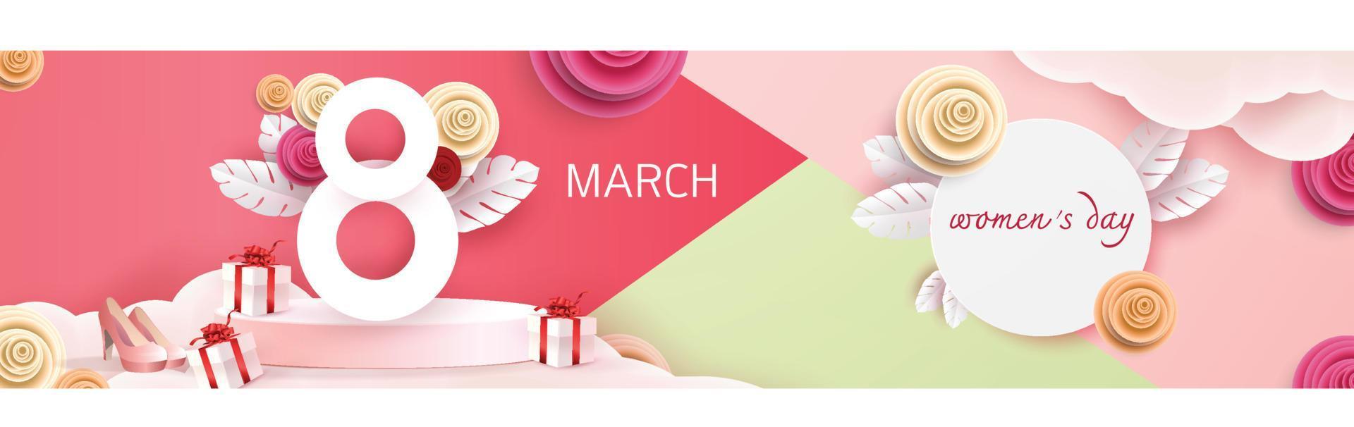 8 march Happy Women's Day  illustration. Paper art pink red backgroung flower and heart vector