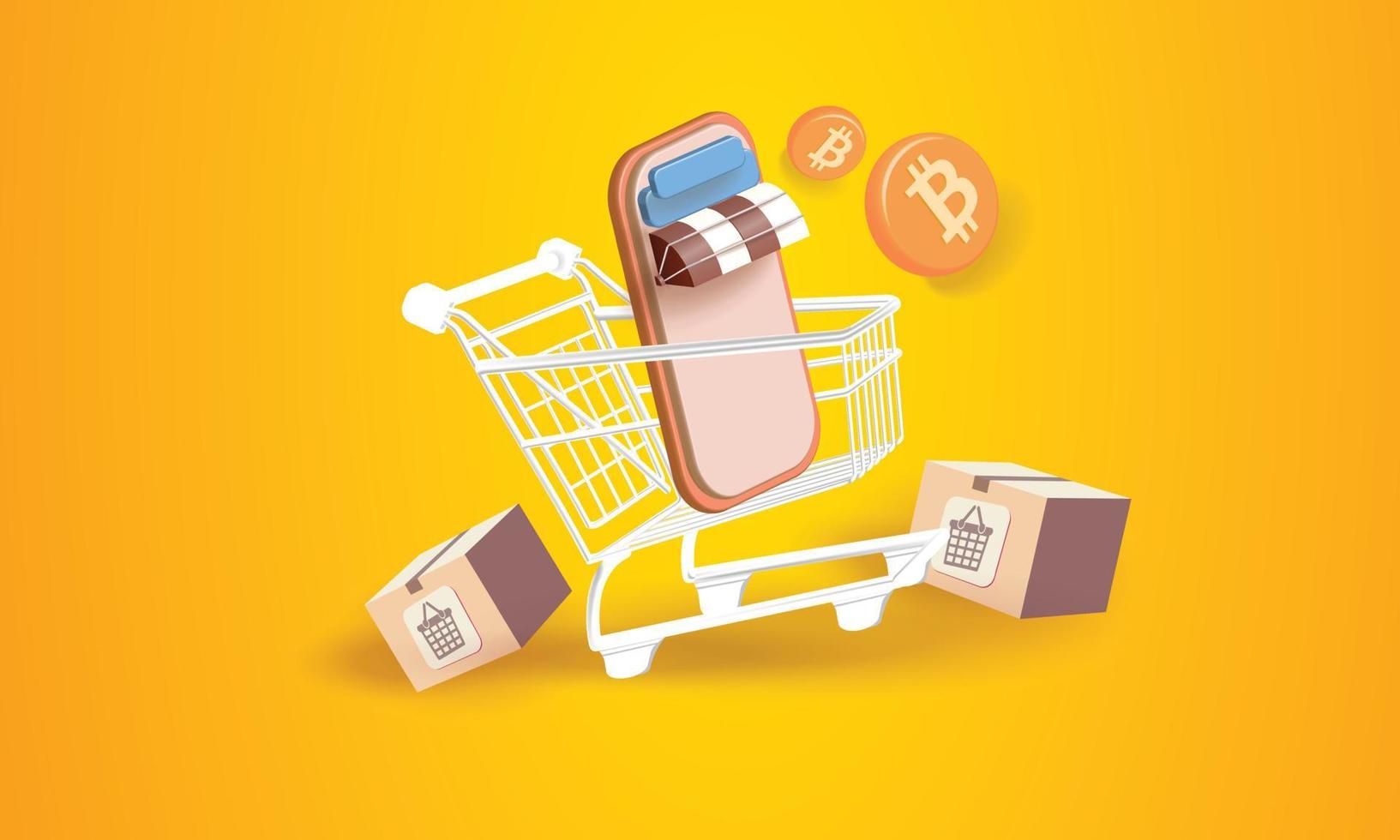 compras y cripto en el teléfono banner ilustración vectorial banca 3d btc oro cion comercio en efectivo mercado monetario vender negocios. vector