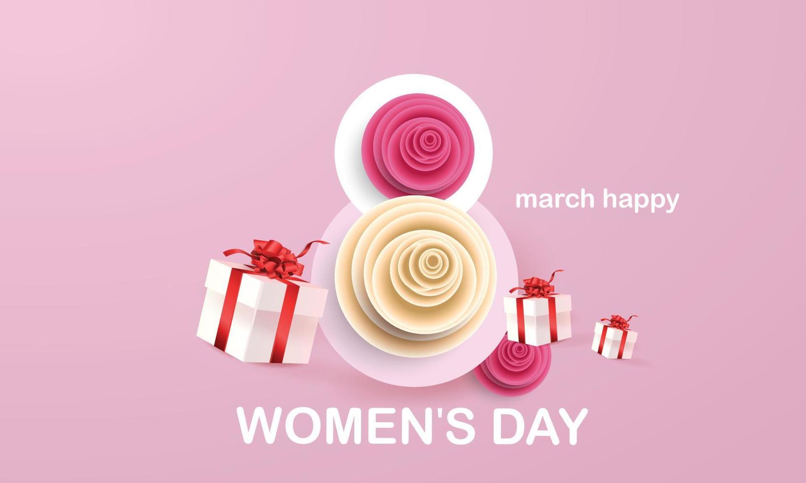 8 march Happy Women's Day  illustration. Paper art pink red backgroung flower and heart vector