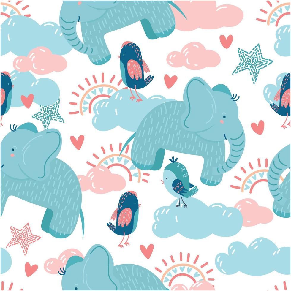 Decorative Childish Seamless Pattern with Adorable Elephant and Birds vector