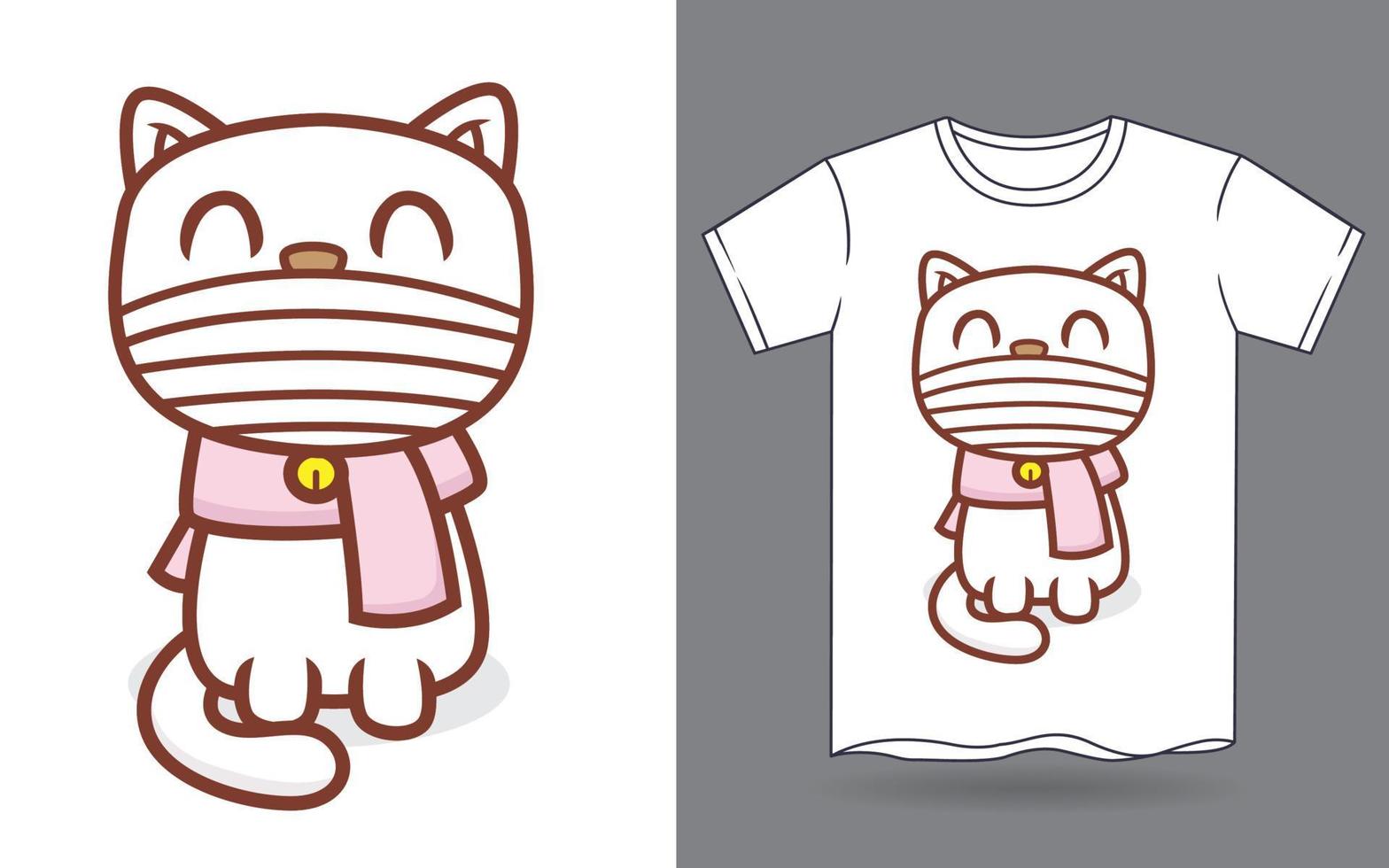 lindo gato con máscara y bufanda de dibujos animados para la impresión de la camiseta vector