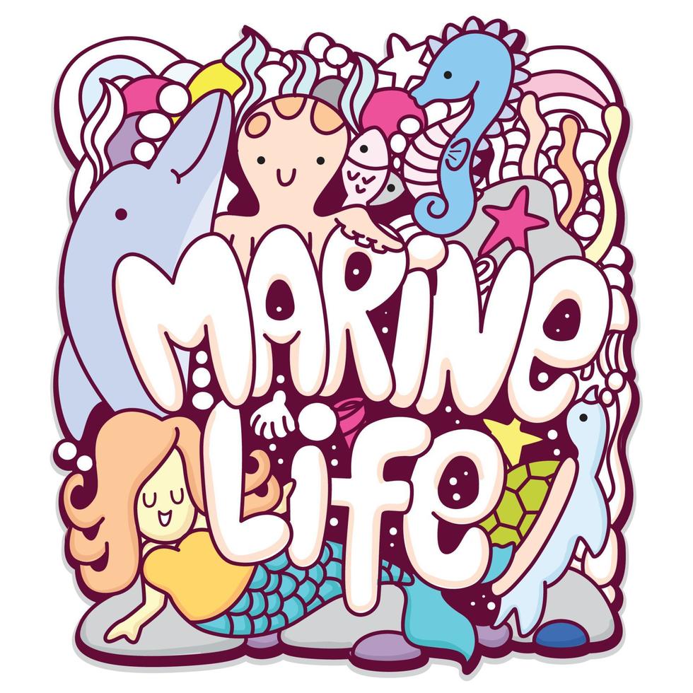 linda tipografía de vida marina y fondo de doodle de animales marinos vector