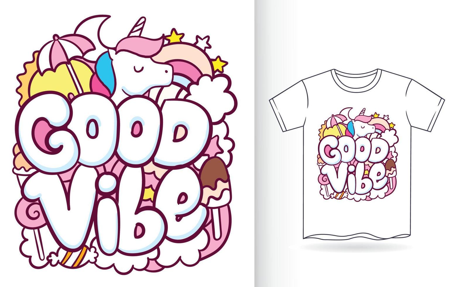 Hand drawn unicorn with typography doodle art for t shirt vector
