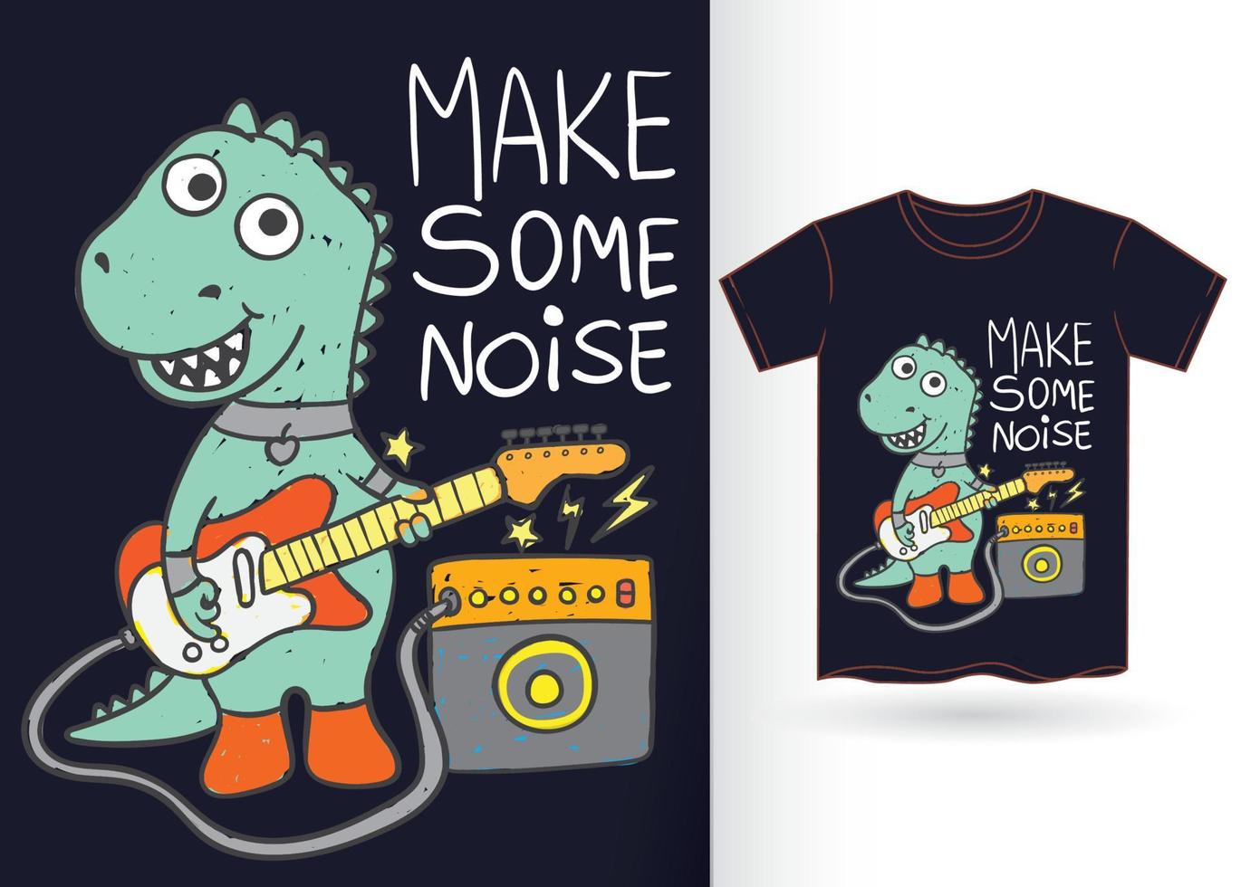 Hand drawn dino guitarist for t shirt vector