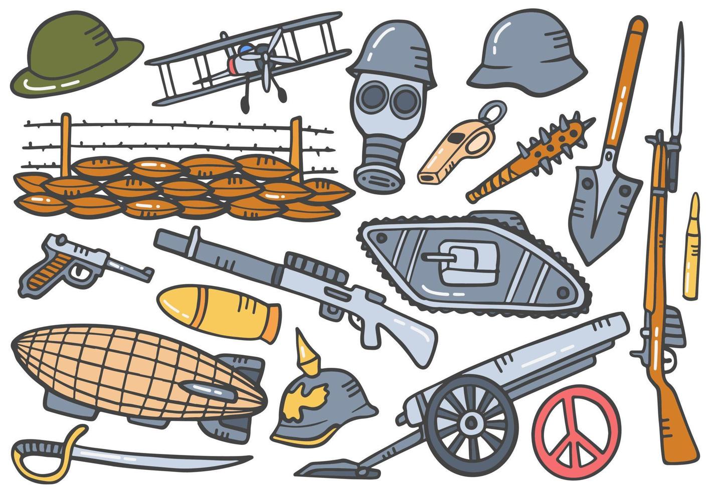 world war 1 doodle hand drawn set collections with flat outline style vector