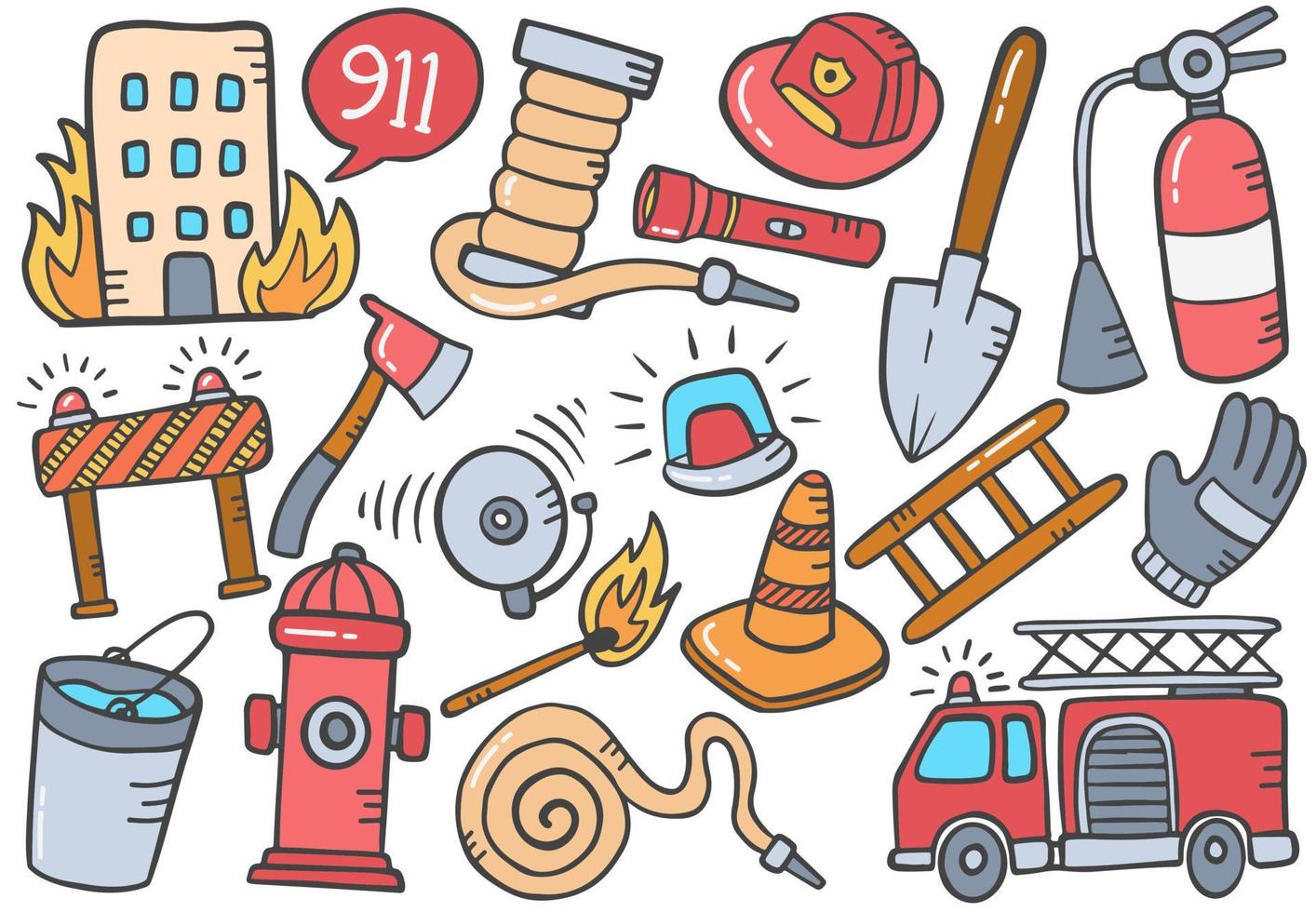 firefighter doodle hand drawn set collections with flat outline style vector