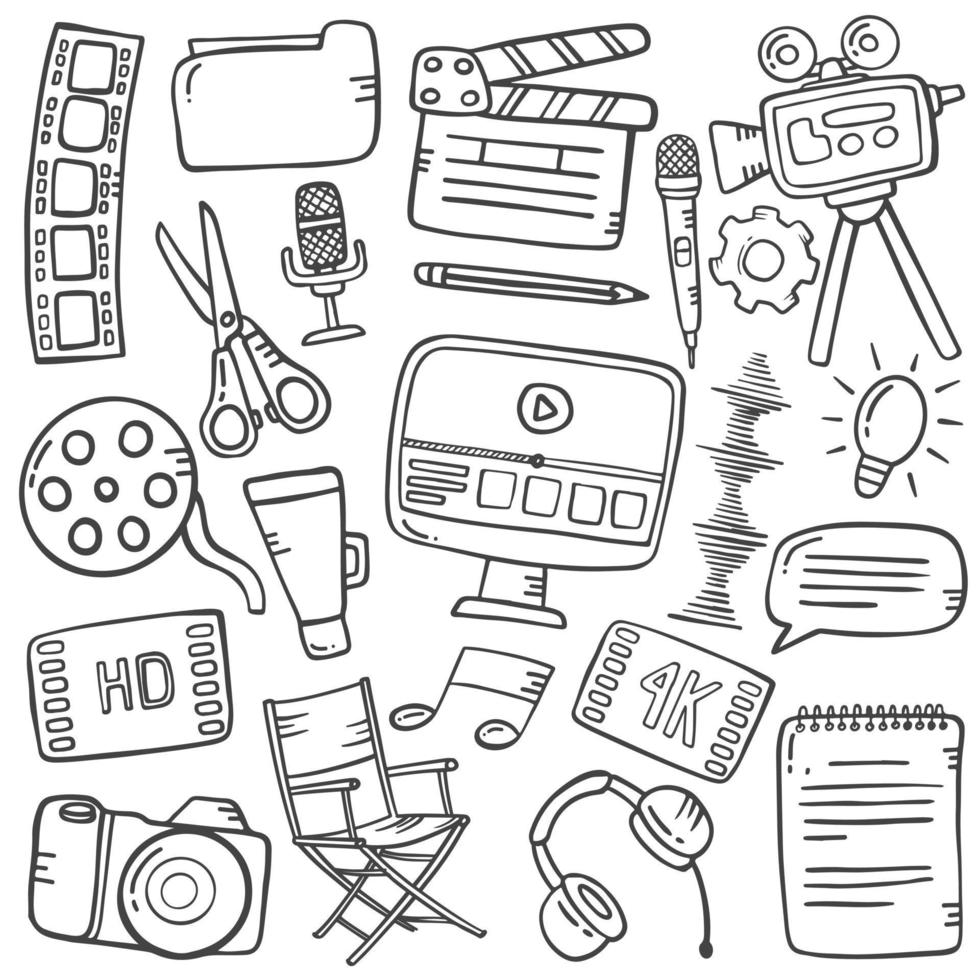 video editing concept doodle hand drawn set collections with outline black and white style vector