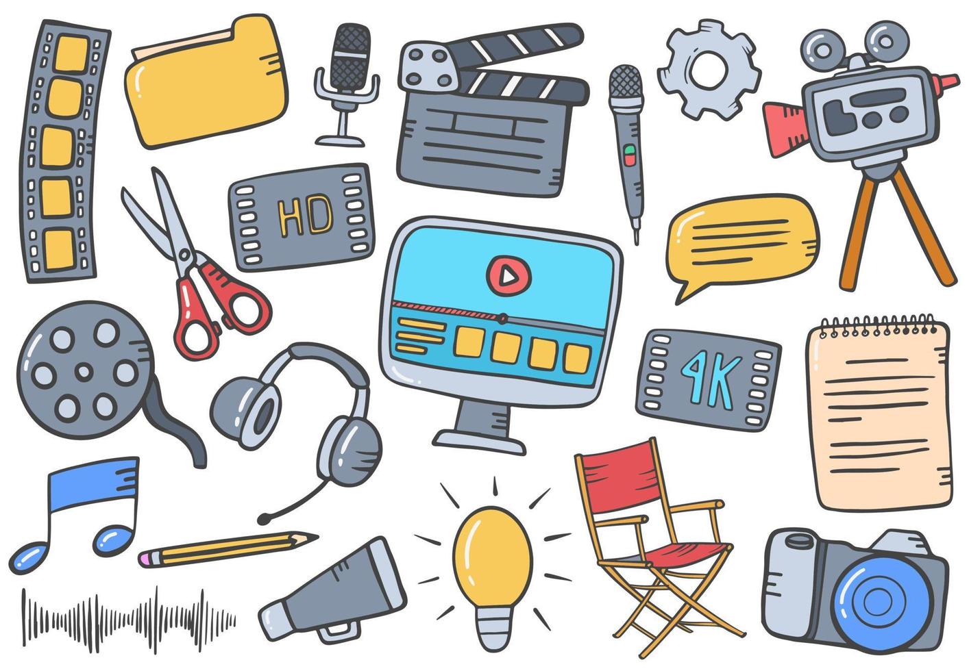 video editing concept doodle hand drawn set collections with flat outline style vector