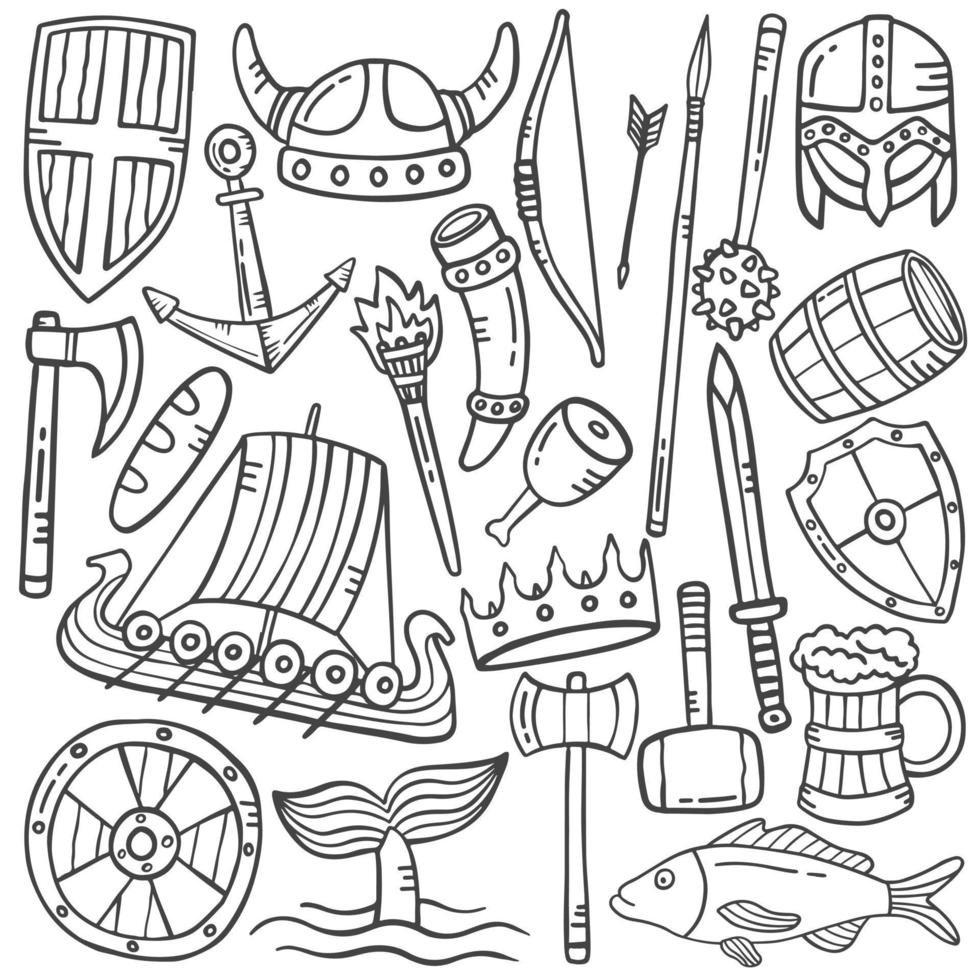 vikings concept doodle hand drawn set collections with outline black and white style vector