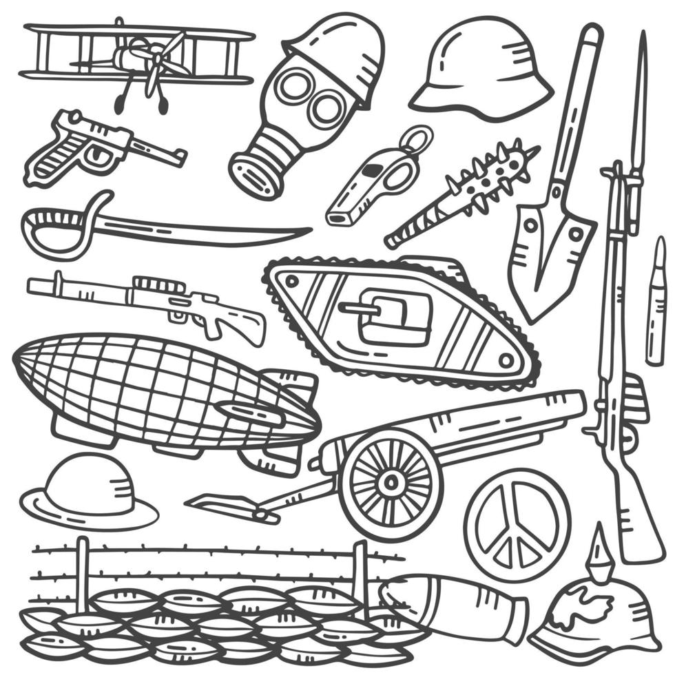 concepto de historia de la guerra mundial 1 doodle colecciones de conjuntos dibujados a mano con estilo de contorno en blanco y negro vector