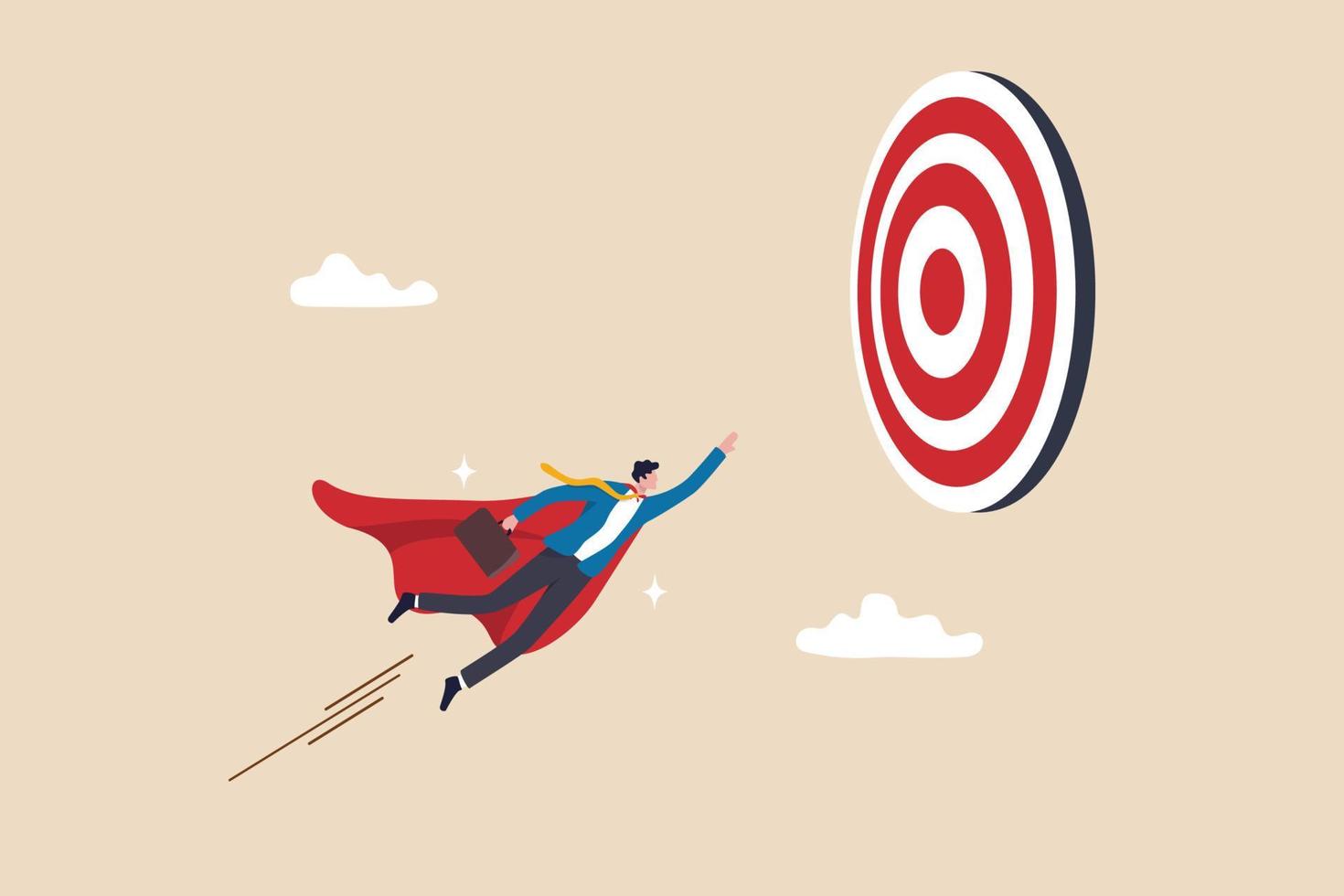 Goal achievement, challenge or mission to win and achieve success target, leadership, motivation and skill to reach work objective concept, businessman superhero flying fast through business target. vector