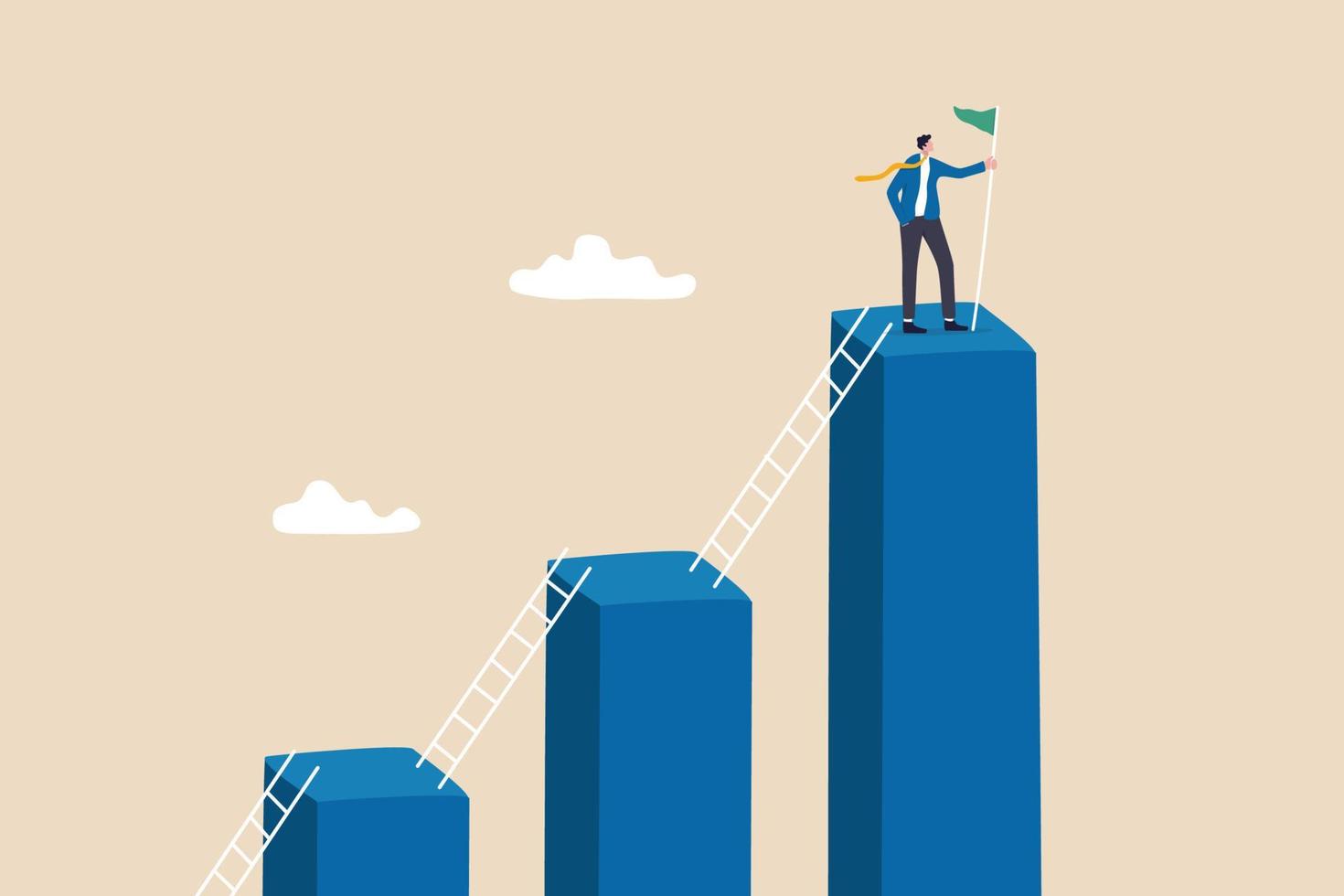 Step to grow business, ladder of success, progress, improvement or development to achieve goal, growth journey, career path concept, businessman climb up ladder step by step on graph to achieve goal. vector