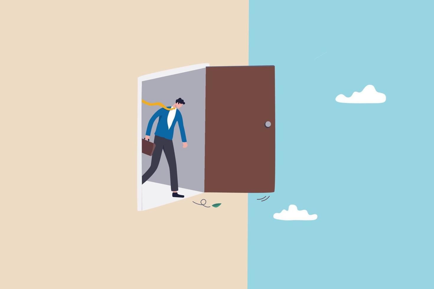 Business dead end, mistake or problem, obstacle or difficulty in work, hopelessness career path or challenge concept, businessman open the door and found dead end and fear to fall from height. vector