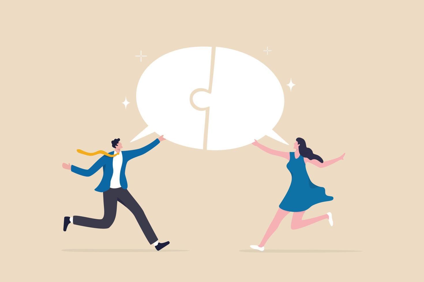 Business communication skills, explain idea, speak, tell and listen to coworkers, work discussion or success send and receive information concept, business people connect speech bubble jigsaw puzzle. vector