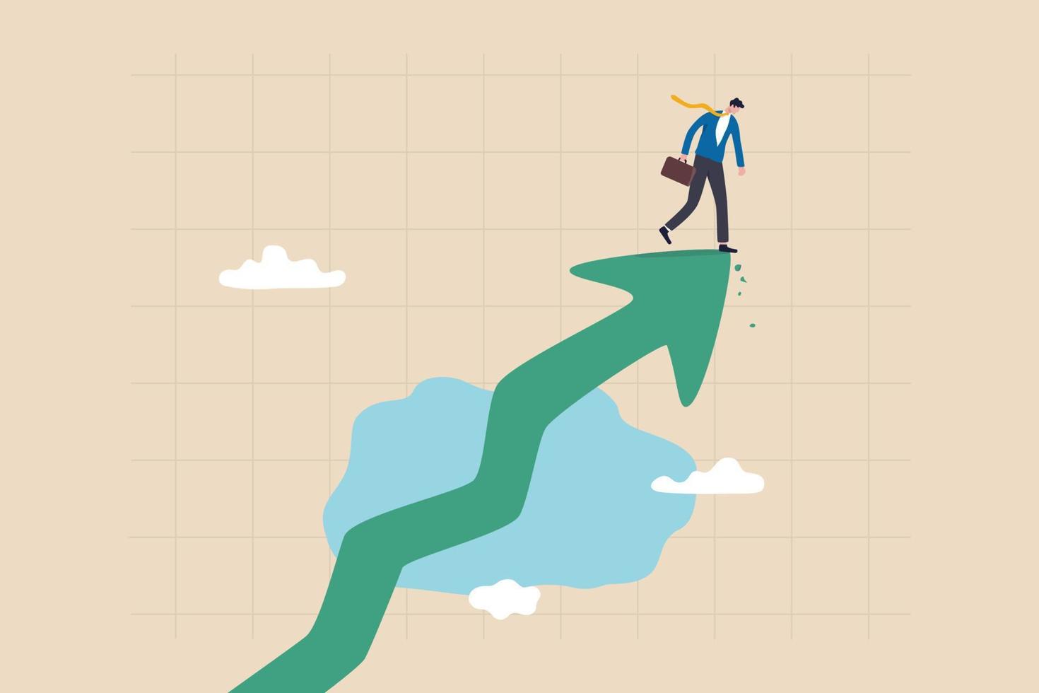 Fear of stock market or crypto crisis, investment risk at market all time high, uncertainty in speculation trading, businessman investor stand at all time high rising arrow looking down in fear. vector
