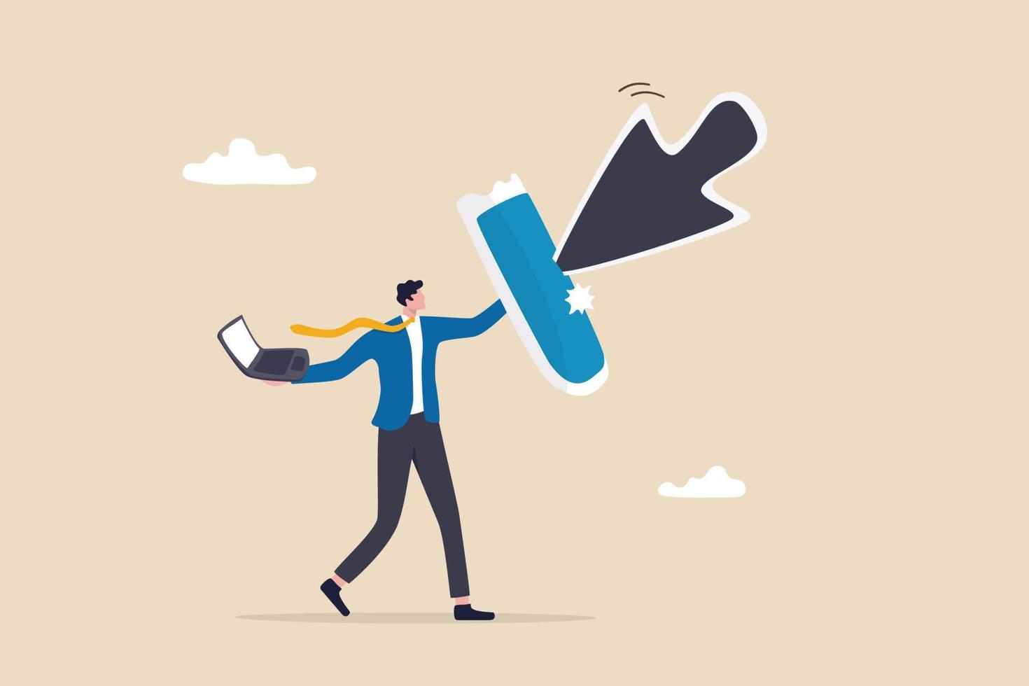 Cyber attack protection, guarding from internet hacker, computer security system or privacy firewall concept, strong businessman holding shield to protect from big mouse pointer to attack his computer vector
