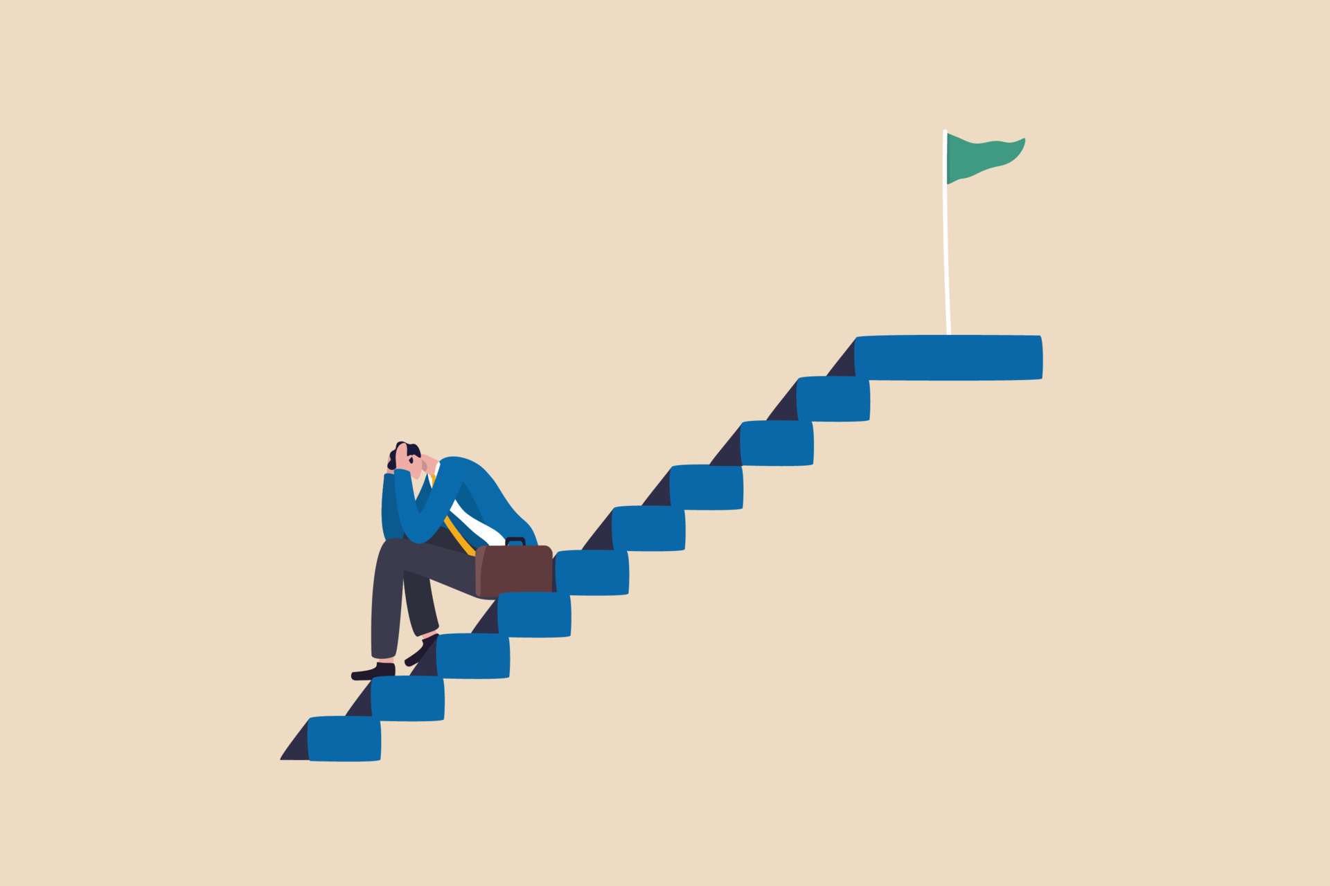 Fear of failure, anxiety or stressed, negative emotion in career development, afraid of progress forward or middle life crisis concept, depressed businessman sitting alone on stairway to success goal. 5334346 Vector Art Fear of failure, anxiety or stressed, negative emotion in career development, afraid of progress forward or middle life crisis concept, depressed businessman sitting alone on stairway to success goal. 5334346 Vector Art
