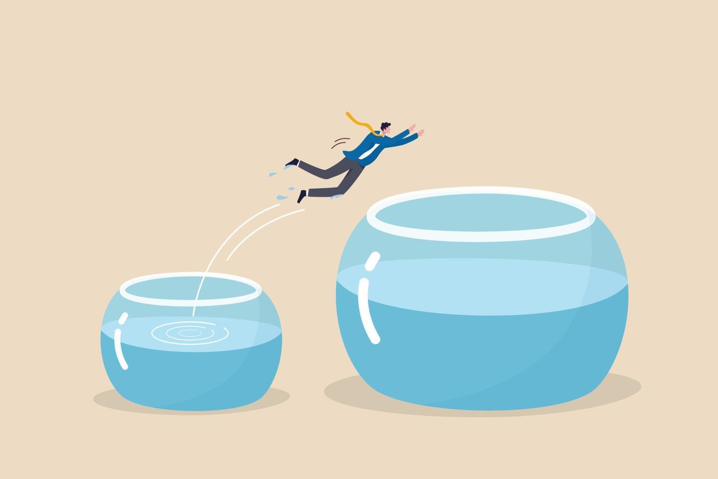 Change or move to better opportunity, entrepreneurship, escape from comfort zone or safe zone, determination or new challenge concept, confident businessman jump from small fishbowl to the better one. vector
