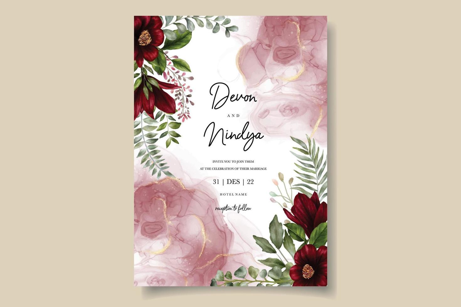 Beautiful watercolor red flower wedding invitation card vector