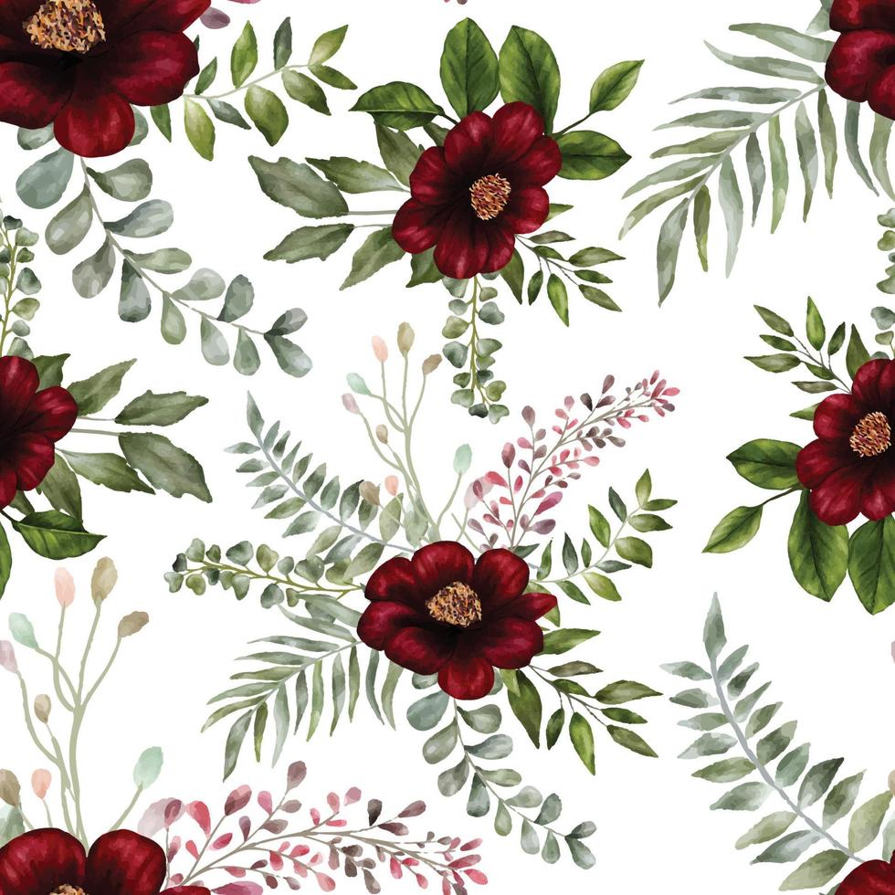 Beautiful watercolor red flower seamless pattern vector