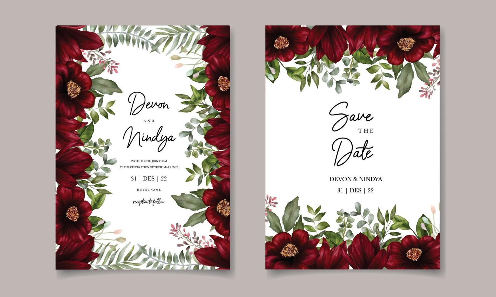 Beautiful watercolor red flower wedding invitation card vector