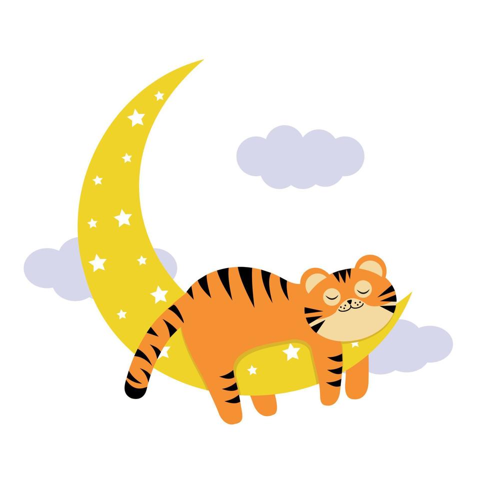 little tiger cub sleeping on the moon, color isolated vector illustration in cartoon style