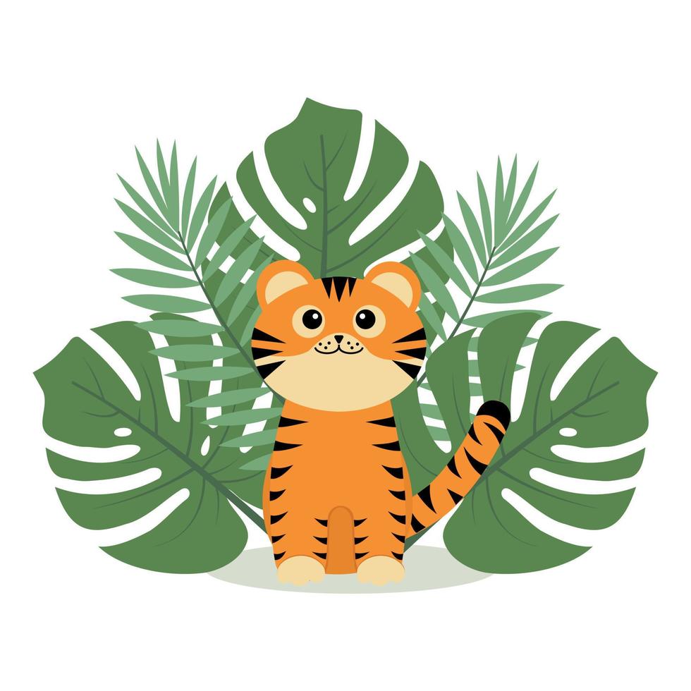 little tiger cub on a background of tropical leaves, color isolated vector illustration in cartoon style