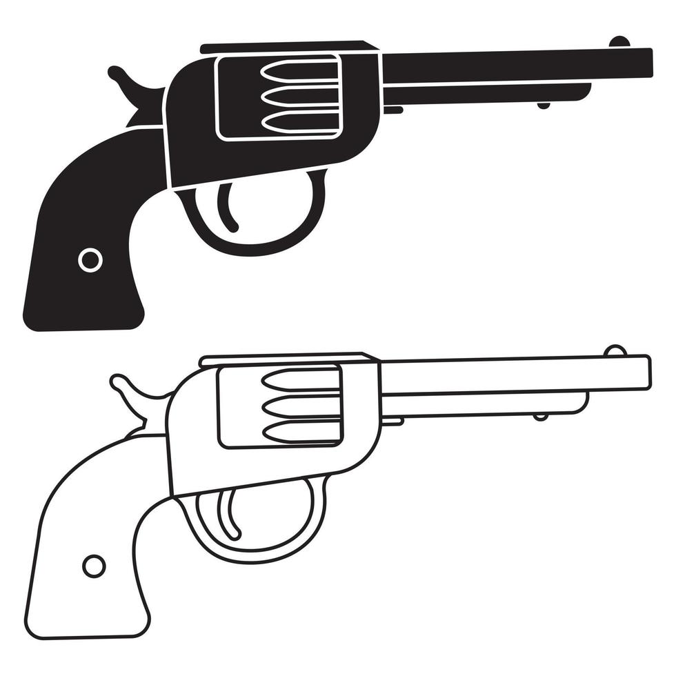 Silueta de revólver y contorno aislado sobre fondo blanco, ilustración vectorial vector