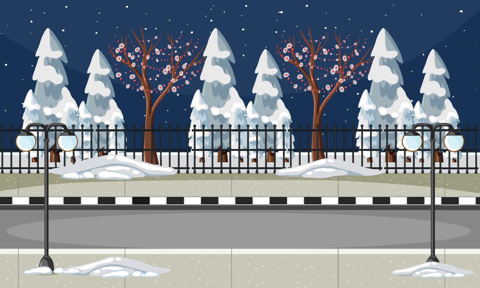 Snow covered pine trees and street in the city vector