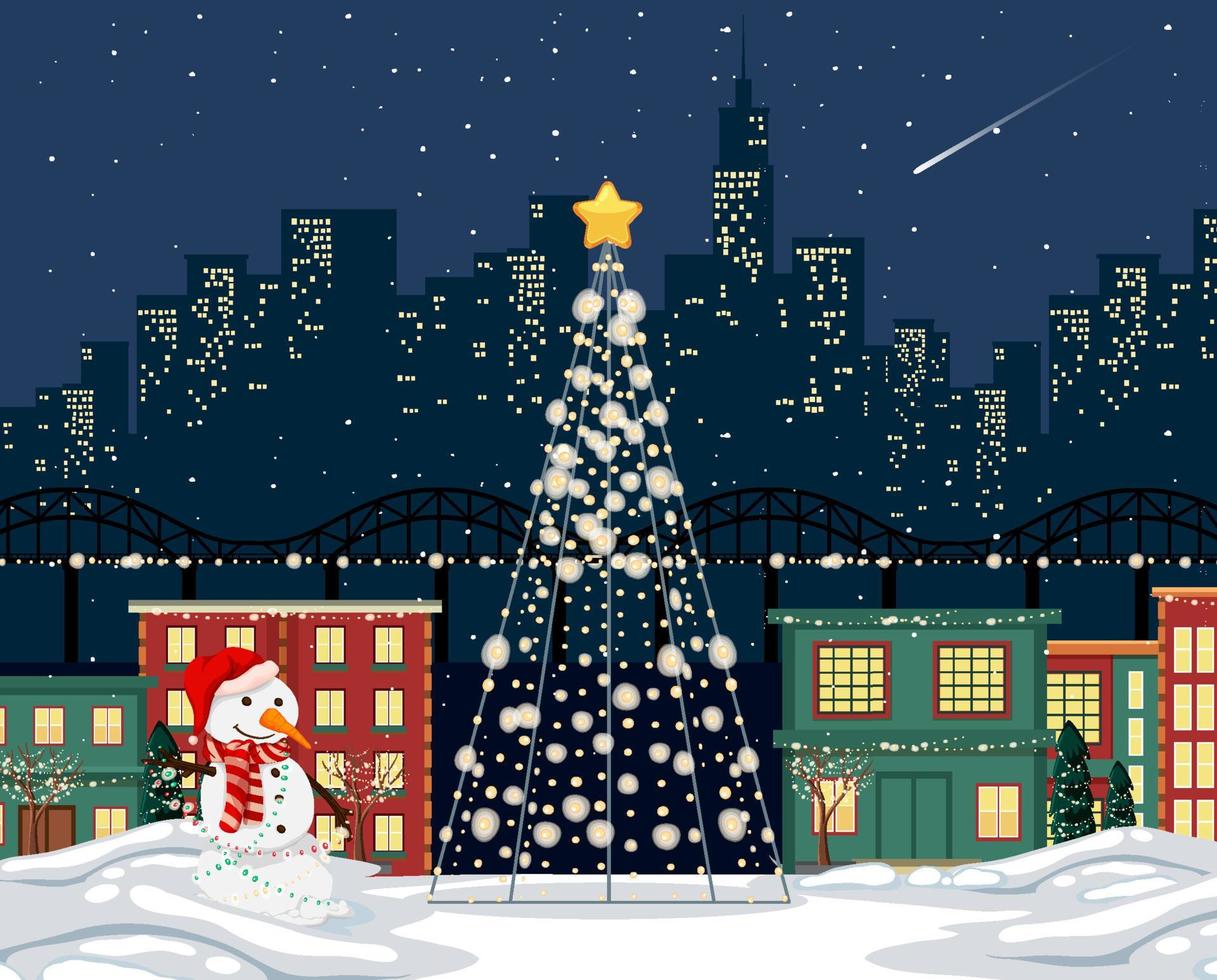 Decorated christmas tree in the town at night scene vector