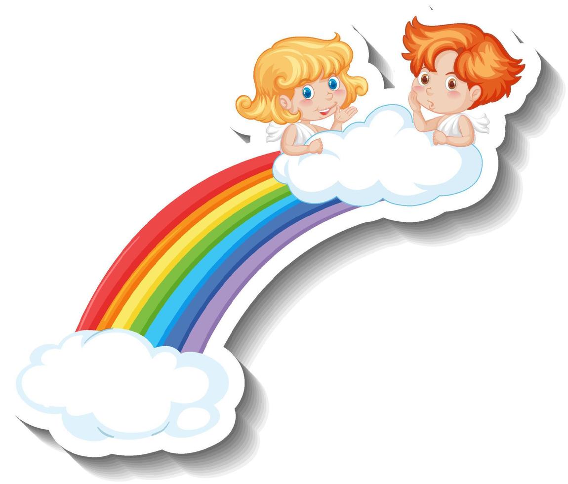 Two little cupids on rainbow in cartoon style vector