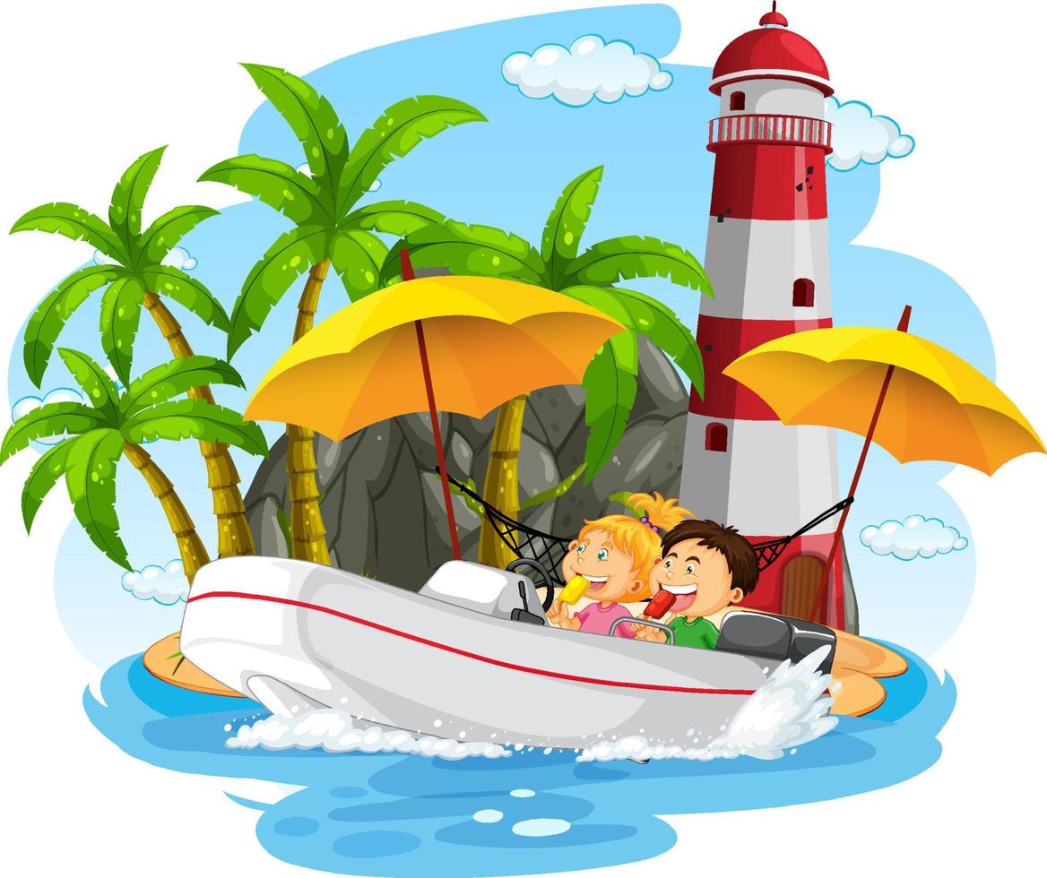 Lighthouse on the island with children on motorboat vector