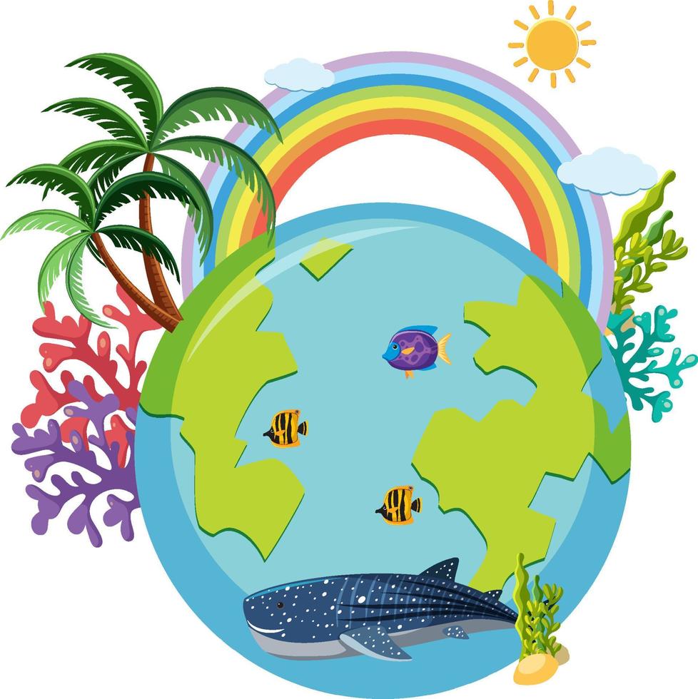 Earth planet with coral and ocean animals vector