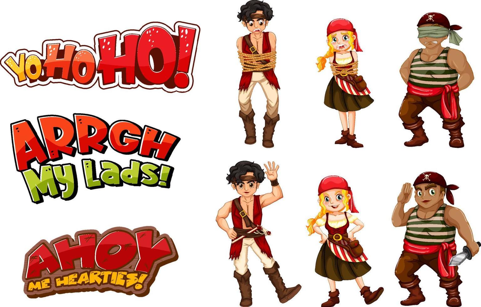 Set of pirate cartoon characters and objects vector