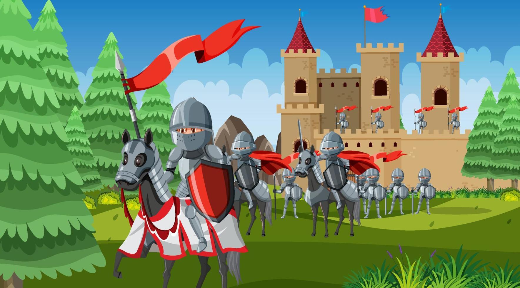 Outdoor scene with medieval knights with horses marching vector