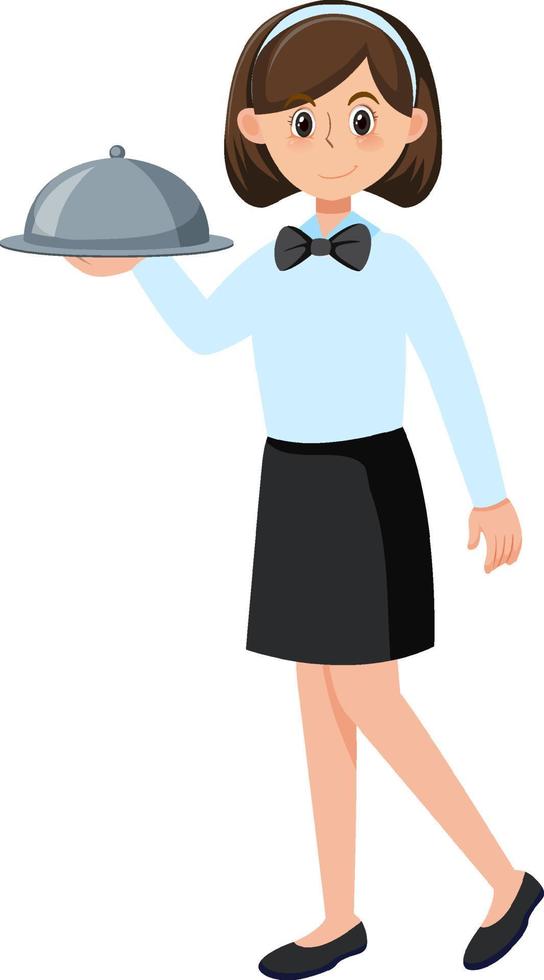 A young waitress serving food white background vector