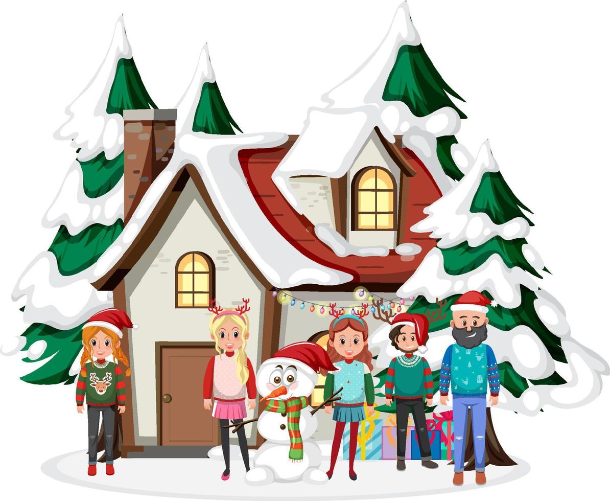 Happy family in Christmas theme with snow house vector
