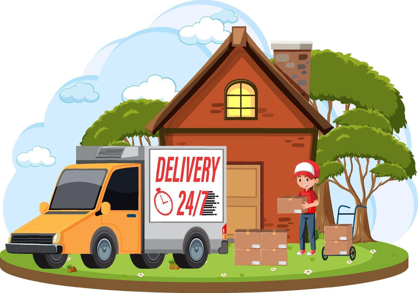 Courier delivering packages standing in front of house vector